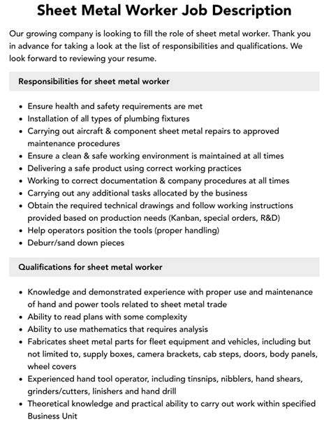 job description for sheet metal worker|hvac sheet metal job description.